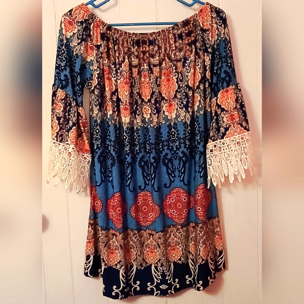 Teal half-sleeve tunic, lace sleeves, Size L/XL BoHo - New and never worn